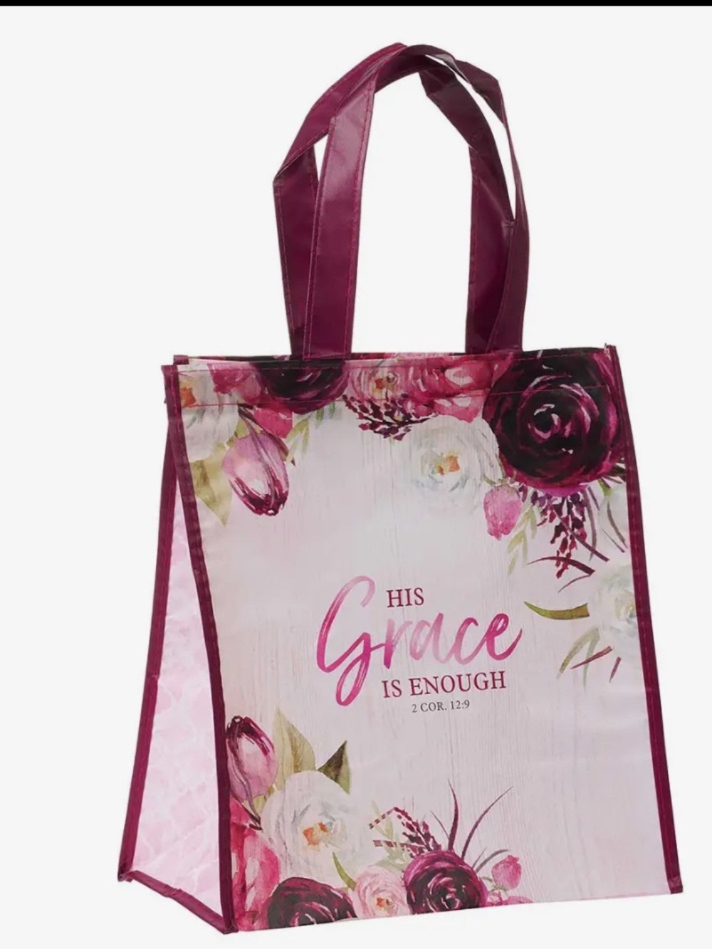 1270.  Floral 'His Grace Is Enough' Tote Bag in Burgundy